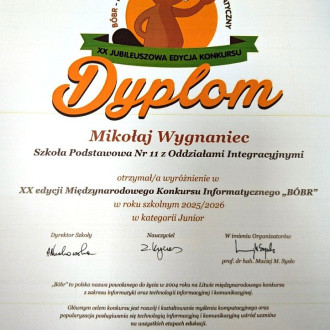Dyplom konkursu Bóbr - wyróżnienie
