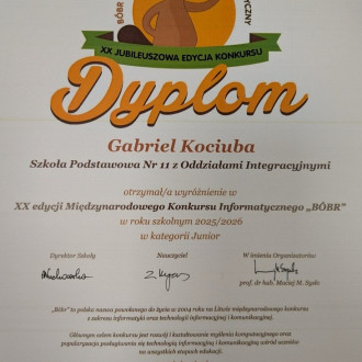 Dyplom konkursu Bóbr - wyróżnienie