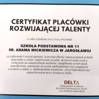 Dyplom dla szkoły - Certyfikat placówki rozwijającej talenty